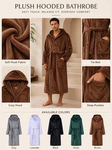 1pc Luxury Plush Fleece Men Robe With Hood Long Spa Bathrobe Men,Cozy Long Sleeve With Blueberry Collar, Machine Washable, Solid Color With Pockets And Belt Detail For All Seasons Comfort - Multicolor - View 7