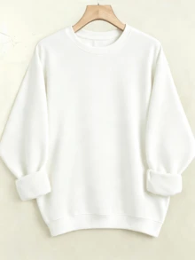 Women's Plus Size Warm Fleece Crew Neck Sweatshirt, Long Sleeve Loose Fit Solid Color Casual Pullover Basic Sweat Top - White - View 2
