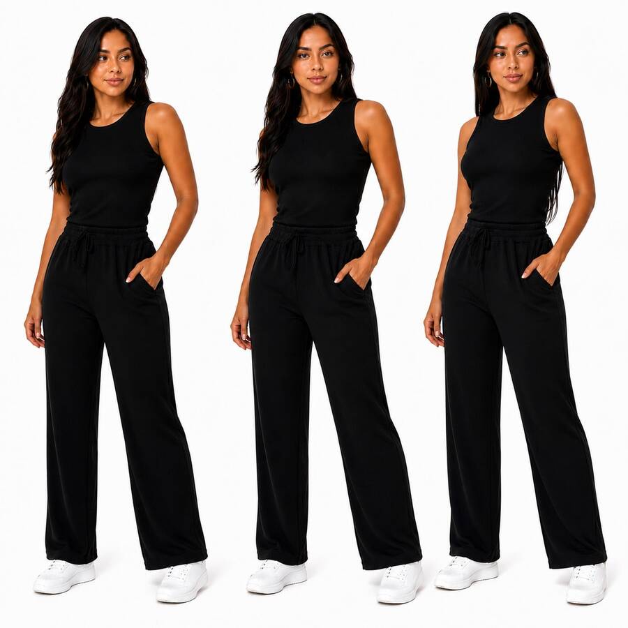 Set Of 3 Wide Leg Pants With Pockets + Women's Plus Size Tank Top - Black - View 1