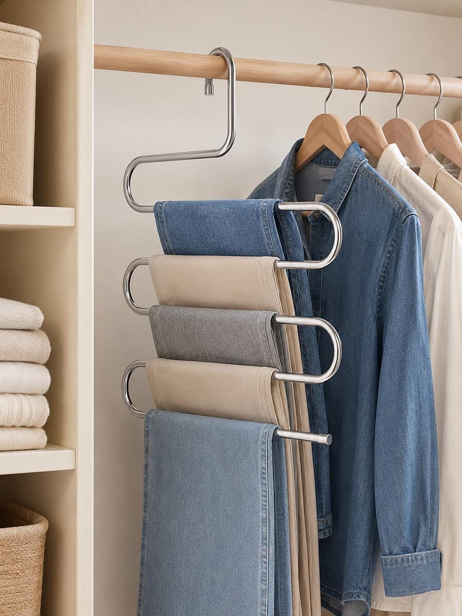 1pc 5-Tier S-Shaped Pants Hanger, Non-Slip Metal Trouser Organizer, Space-Saving Multi-Layer Clothes Rack For Jeans, Pants, Scarves & Towels, Closet Bathroom Dorm Storage, Back To School & Fall Organization - Silver - View 1