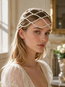 Aksesori Rambut Jala Mutiara Retro Elegan, Rantai Rambut Peri Abad Pertengahan, Hiasan Kepala untuk Pesta Pernikahan dan Fotografi Pengantin - Putih - View 12