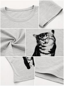 夏季新款简约时尚网纱猫咪插画休闲圆领短袖修身T恤，百搭时尚，适合女性度假穿着 - 深花灰 - 查看 7