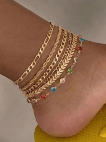 6pcs Fashionable Versatile Colorful Rhinestone Leaf & Twisted Chain Anklet Set, Suitable For Vacation, Daily Wear, Gift For Friends - Multicolor - View 1