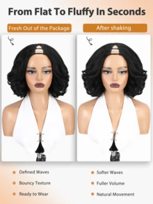 V-Part Yaki Wavy Bob Wig, Synthetic Hair V-Shaped Glueless Hairpiece, Layered Curly Clip-In Hair, Ready To Wear, Suitable For Beginners, Heat-Resistant Fiber, Daily Wear - Black - View 4