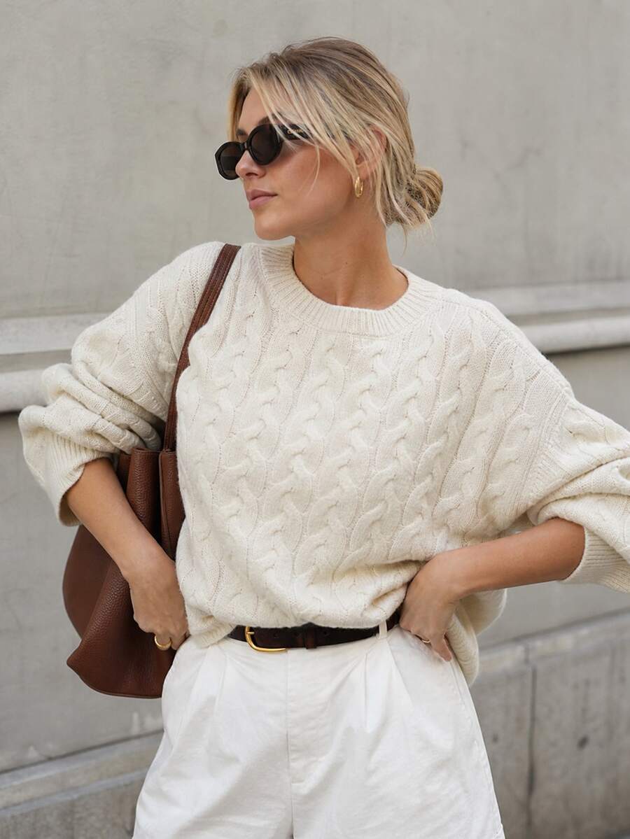 2026 Autumn/Winter Women's European & American Casual Vintage Knit Round Neck Cable Pattern Solid Color Sweater - Apricot - View 1