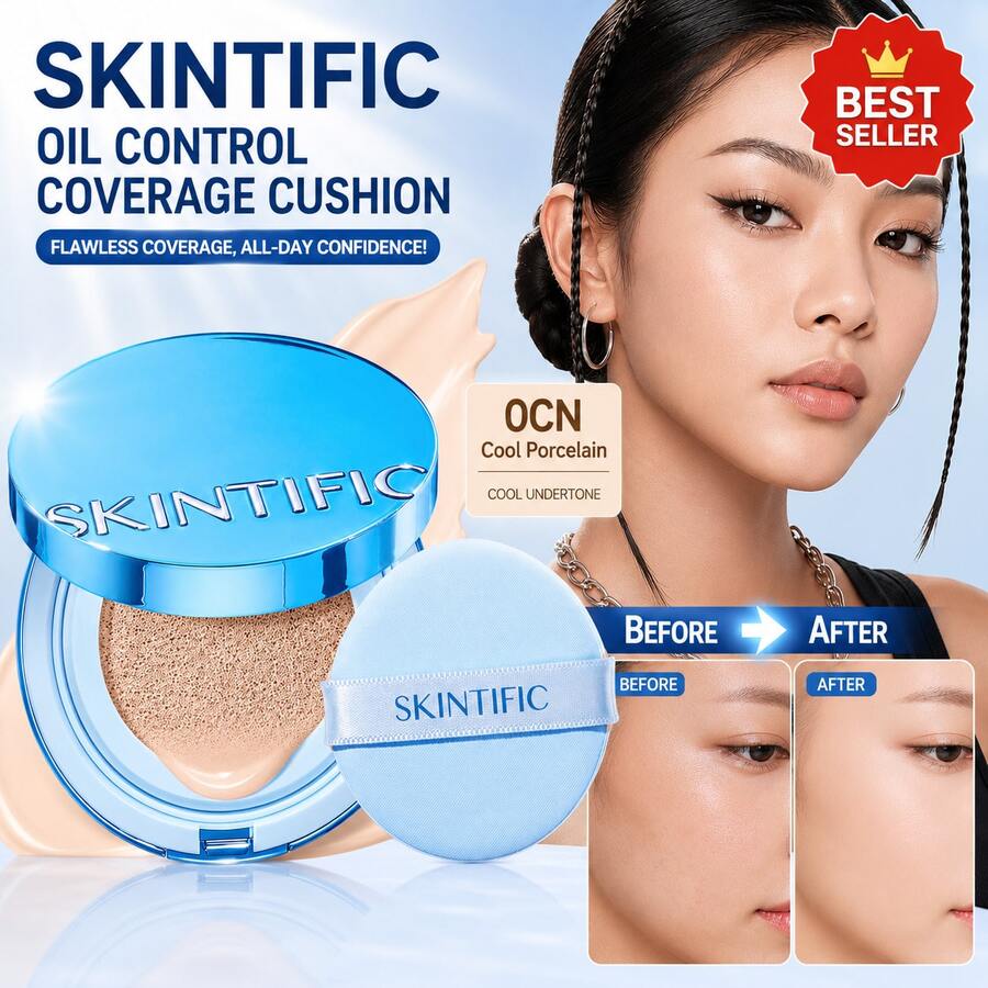 SKINTIFIC 絲絨霧面氣墊粉底液 藍色，全遮瑕，12小時控油，適合油性與混合性肌膚，防水，持久，輕盈，保濕，不沾染 | 0CN 冷瓷色
