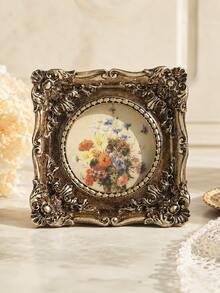 Antique Gold Vintage Picture Frame, Ornate Baroque Floral Photo Frame, Small Round Desktop Display For Vanity, Nightstand, Bookshelf, Mantel, Home Office, French Cottage Decor, Gift For Women - A - View 1