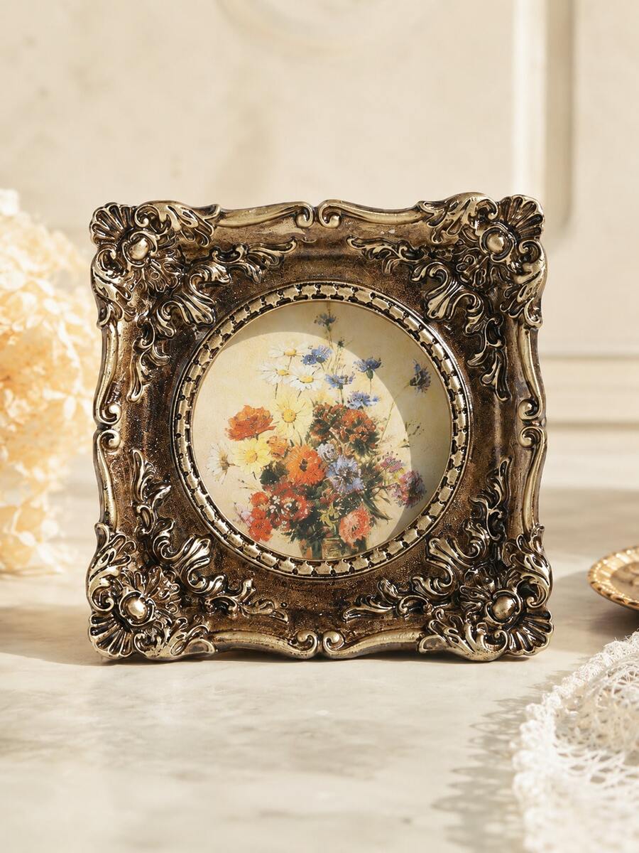 Antique Gold Vintage Picture Frame, Ornate Baroque Floral Photo Frame, Small Round Desktop Display For Vanity, Nightstand, Bookshelf, Mantel, Home Office, French Cottage Decor, Gift For Women - A - View 1