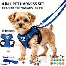 Anti-Pull Reflective Dog Harness 4-In-1 Set, Soft Breathable Mesh Adjustable Pet Vest With Leash, Includes Bell And Flower Hair Clip, Suitable For Small Dogs, Puppies, Kittens, Yorkshire Terrier, Chihuahua - Multicolor - View 2