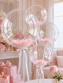 1/6pcs 20-Inch Clear Bubble Balloon Feather Pearl Combination Set, Includes Bubble Balloons, Feathers, Pearls And Ribbons, Suitable For Wedding Bridal Party, Birthday Party, Reunion Party And Ballroom Party Background Decoration Party Balloon Set - Pink - View 7