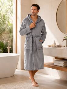 1pc Luxury Plush Fleece Men Robe With Hood Long Spa Bathrobe Men,Cozy Long Sleeve With Blueberry Collar, Machine Washable, Solid Color With Pockets And Belt Detail For All Seasons Comfort - Multicolor - View 2