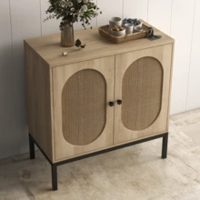 Mid Century Modern Rattan Buffet Storage Cabinet – Glass Doors, Adjustable Shelves, Wooden Sideboard Console For Entryway, Living Room, Kitchen, Or Hallway - White - View 2
