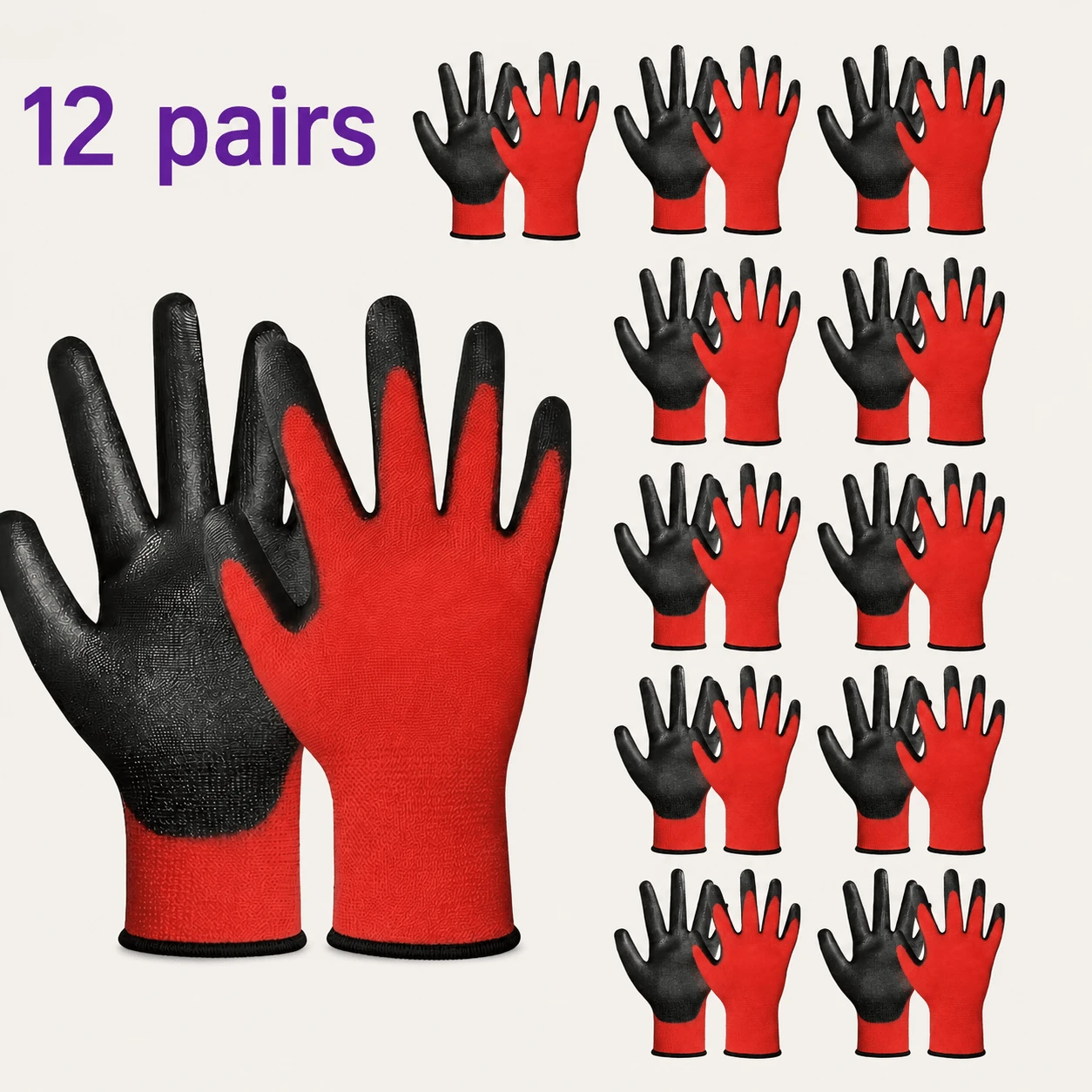 12 Pairs Crinkle Latex Coated Work Gloves, Red Large Unisex, Anti-Slip Wear-Resistant Breathable, For Warehouse Gardening Assembly Landscaping