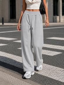 Women's Straight Leg Sports Pants, Comfortable Drawstring High Waist Pants Suitable For Fitness, Street Fashion, Casual Outdoor Hiking, Cycling, Ball Sports, Running And Indoor Sports - Grey - View 1