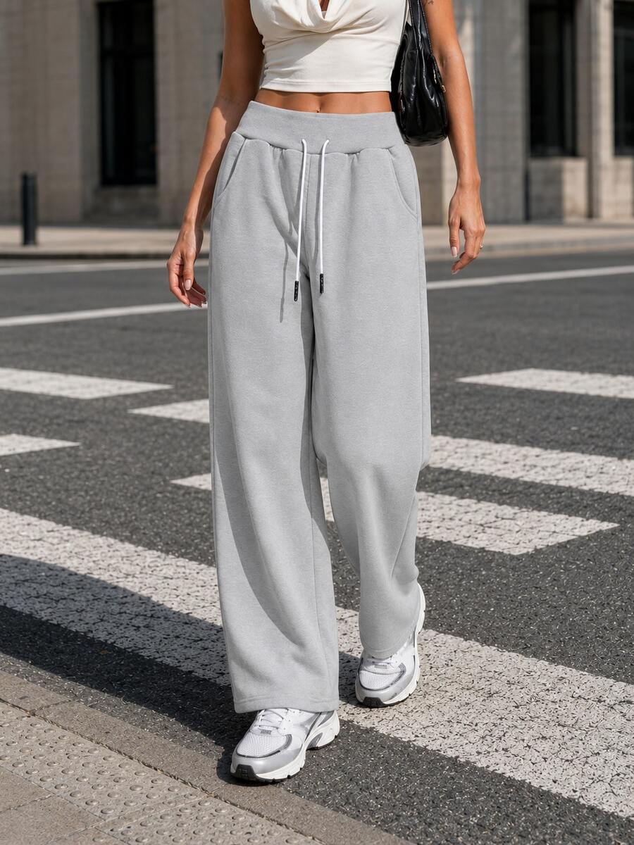 Women's Straight Leg Sports Pants, Comfortable Drawstring High Waist Pants Suitable For Fitness, Street Fashion, Casual Outdoor Hiking, Cycling, Ball Sports, Running And Indoor Sports - Grey - View 1