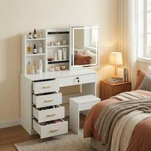 White Vanity Desk With LED Mirror & Hidden Storage Stool, 5 Drawers, Lockable Storage, Open Shelves, 3 Adjustable Light Modes, Bedroom Makeup Table For Teen Girls - White - View 12