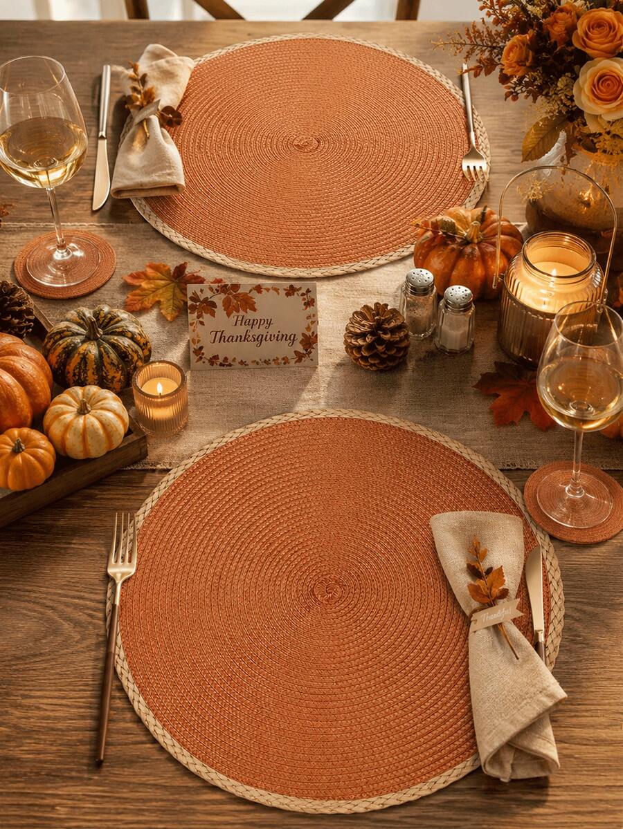 4/6件組 15英吋南瓜橘色圓形編織餐墊，可水洗、可擦拭、易清潔、耐熱，適用於節日派對、室內/室外日常使用裝飾