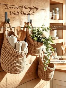 Multifunctional Handmade Woven Wall Hanging Basket, Crochet Wall Hanging Storage Bucket, Decorative Hanging Storage Rack. Apartment Wall Organization, Bathroom Toiletries Storage, Study Stationery Storage, Farmhouse Style Home Decor Display - Multicolor - View 1