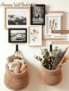 Multifunctional Handmade Woven Wall Hanging Basket, Crochet Wall Hanging Storage Bucket, Decorative Hanging Storage Rack. Apartment Wall Organization, Bathroom Toiletries Storage, Study Stationery Storage, Farmhouse Style Home Decor Display - Multicolor - View 2
