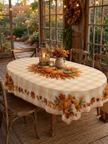 1PC Fall Plaid Oval Tablecloth With Pumpkin, Wheat, Sunflower, Maple Leaf And Harvest Centerpiece Print, Dining Table Cover, Party Atmosphere Maker For Thanksgiving Dinner, Family Gathering, Fall Decor, Room Decor And Home Decor - D - View 11