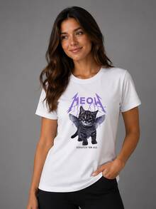 Meow Rock Cat T-Shirt Shirt Blouse Unisex Men Women 100% Cotton Top Premium Streetwear New Release Immediate Shipping Various Colors!! Plus Size - 白色 - 查看 1