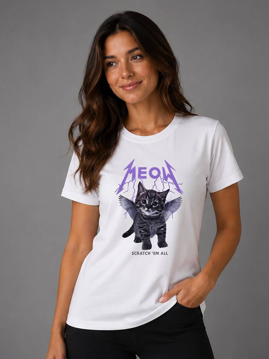 Meow Rock Cat T-Shirt Shirt Blouse Unisex Men Women 100% Cotton Top Premium Streetwear New Release Immediate Shipping Various Colors!! Plus Size - 白色 - 查看 1