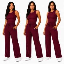 Set Of 3 Wide Leg Pants With Pockets + Women's Plus Size Tank Top - Burgundy - View 11
