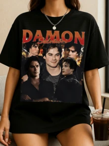 Damon Salvatore The V-VampireS Diaries Vintage 90s Bootleg T-Shirt Retro TV Show Tee - 黑色4 - 查看 1