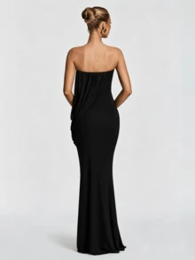 Elegant French Romantic Wedding Evening Party Strapless Ruched Dress - Black - View 3