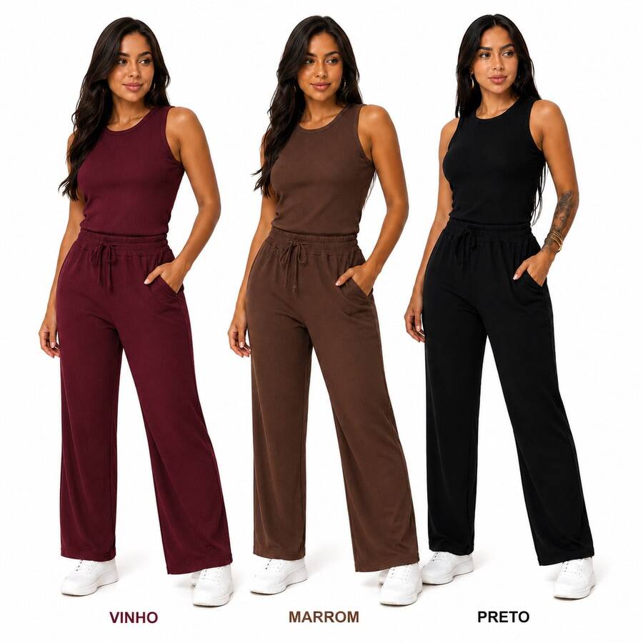 Set Of 3 Wide Leg Pants With Pockets + Women's Plus Size Tank Top - Wine + Brown + Black - View 1