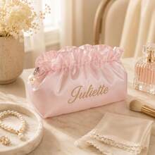 1pc Personalized Embroidered Ruffle Cloud Makeup Bag, Customized Bridesmaid Toiletry Bag, Travel Toiletry Bag, Bridesmaid Gift - Multicolor - View 6