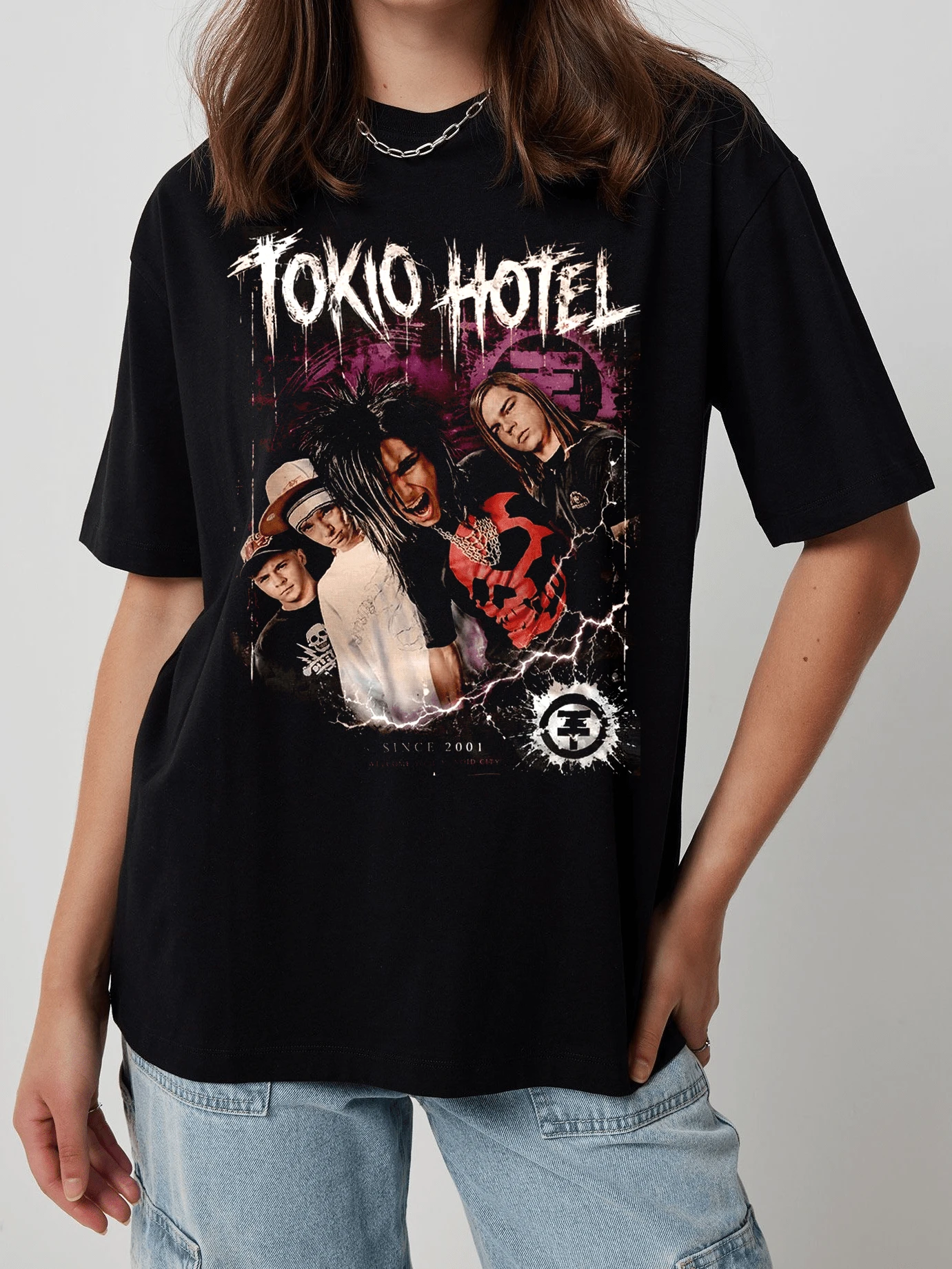 تي شيرت كولاج برق فرقة Tokio Hotel الألمانية إيمو بانك روك منذ 2001 لجميع الفئات بتصميم ريترو جرانج دريب مهترئ عتيق Y2K مقاس كبير - الأسود - مشاهدة 1