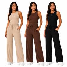 Set Of 3 Wide Leg Pants With Pockets + Women's Plus Size Tank Top - Beige + Brown + Black - View 1