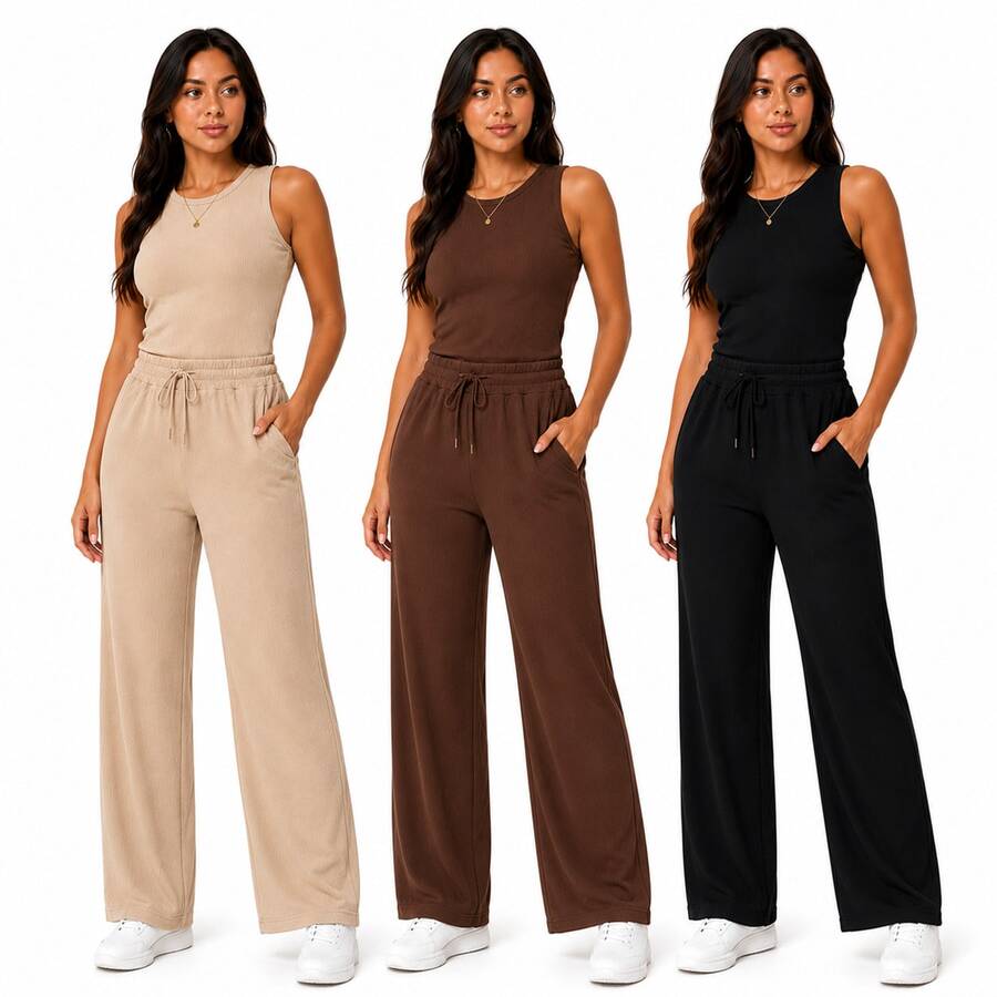 Set Of 3 Wide Leg Pants With Pockets + Women's Plus Size Tank Top - Beige + Brown + Black - View 1