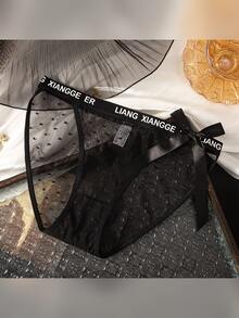 4 piezas de bragas triangulares minimalistas y sexys para mujer, bragas de malla de encaje con lunares semitransparentes, lazo y letras de moda en la cintura, cintura media y entrepierna de algodón puro - Multicolor - Ver 4