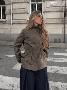 GDDYIN 女款秋季新款復古格紋休閒通勤立領收腰百褶設計夾克 - 灰色 - 查看 1
