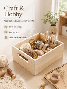 1pc Minimalist Natural Wood INS Style Rectangular Open-Top Storage Box, Light Wood Color, No Pattern, Hollow Side Handles, Mortise And Tenon Joint, No Lid, Smooth Polished Edges, Desktop Organizer For Stationery And Skincare, Cabinet Storage, Portable Hand-Carry, Multi-Scene Use, Stackable, Easy Access, Clutter Organization - Multicolor - View 5