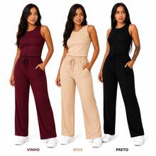 Set Of 3 Wide Leg Pants With Pockets + Women's Plus Size Tank Top - Wine + Beige + Black - View 9