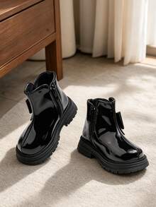 Tween Kid Glossy Bow Ankle Boots Side Zipper Fleece Lined Non Slip Thick Sole Winter Boots For Kids Warm Footwear - Black - View 2