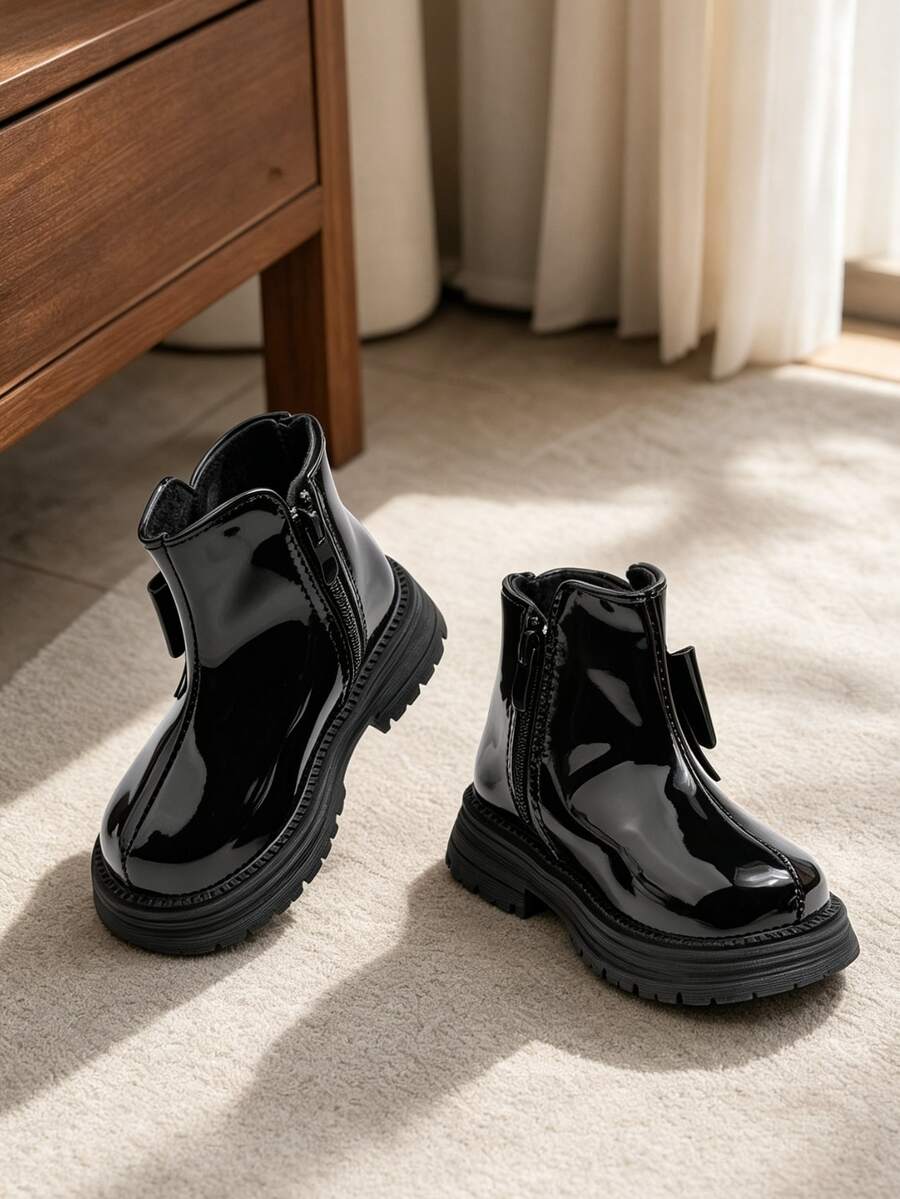 Tween Kid Glossy Bow Ankle Boots Side Zipper Fleece Lined Non Slip Thick Sole Winter Boots For Kids Warm Footwear