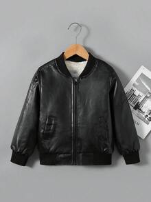 Toddler Black Zipper Collar Ribbed Cuff Street Cool Multi-Function Motorcycle PU Leather Loose Jacket - Black - View 1