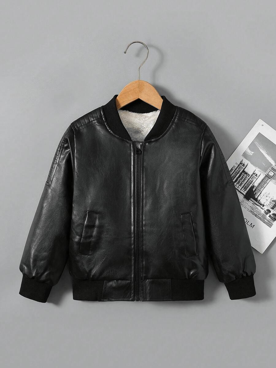 Toddler Black Zipper Collar Ribbed Cuff Street Cool Multi-Function Motorcycle PU Leather Loose Jacket - Black - View 1