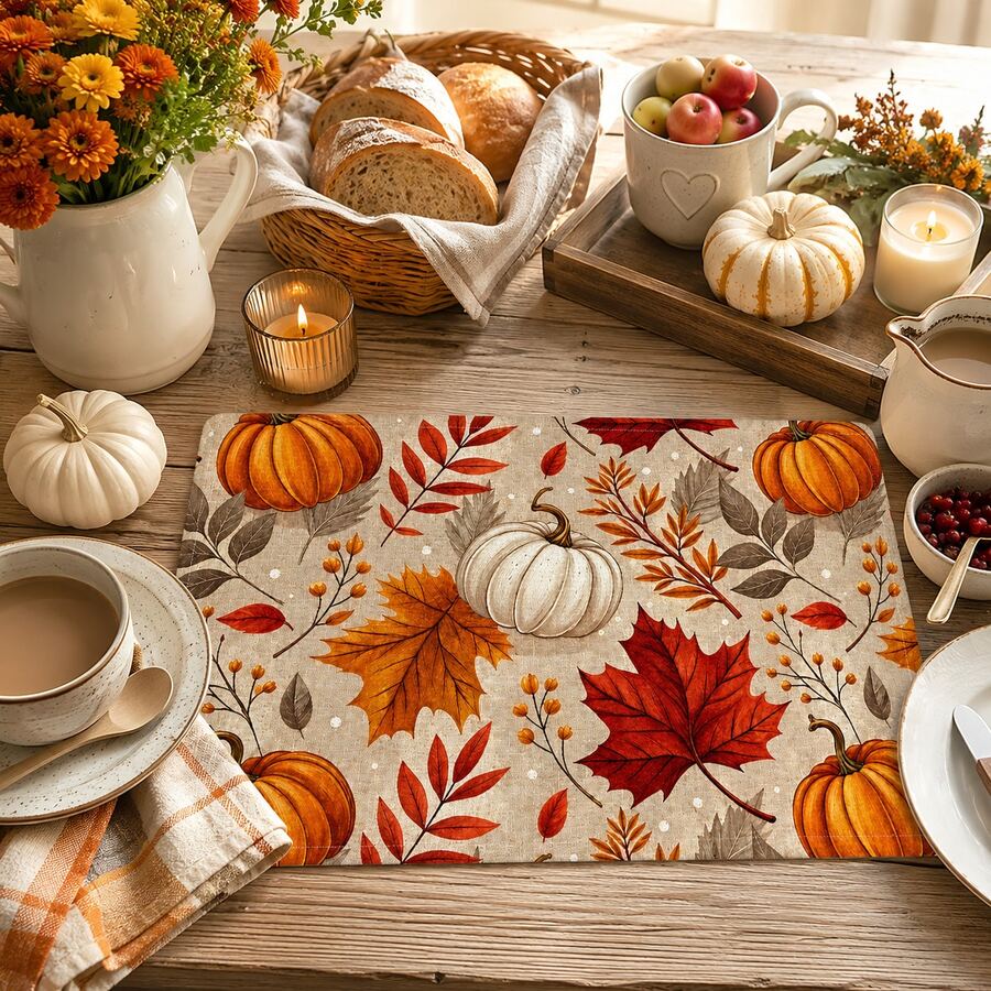 1pc/4pcs/6pcs Pumpkin Pattern Printed Linen Placemats, Rectangular Table Mats, Washable, Easy To Clean, Plate Mats, Bowl Mats, Western Style Dining Mats, Suitable For Kitchen, Dining Room, Home Gatherings, Coffee Table And Daily Table Decor - Multicolor - View 1