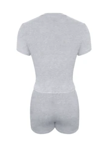 LovelyWholesale Women's Casual Solid Color Round Neck Short Sleeve T-Shirt And Drawstring Shorts Set, Summer Elegant - Grey - View 6