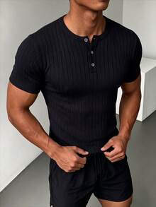 ZYNTH BALENO Men's Summer Ribbed Henley Neck Slim Fit Short Sleeve Sweater, Suitable For Outdoor Sports And Gym Workouts - Black - View 6