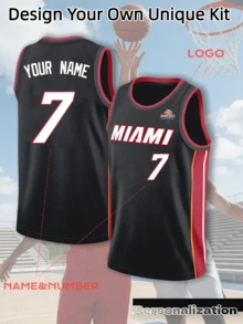 Custom Miami Basketball Jersey, Black Base With Red And Orange Side Stripes For High Visibility, Customizable Chest Text, Back Number And Name, Replaceable Club Logo, Comfortable Sports Fabric Suitable For Competition And Streetwear, 2026 Basketball, Men's Summer Outfit - Black - View 1