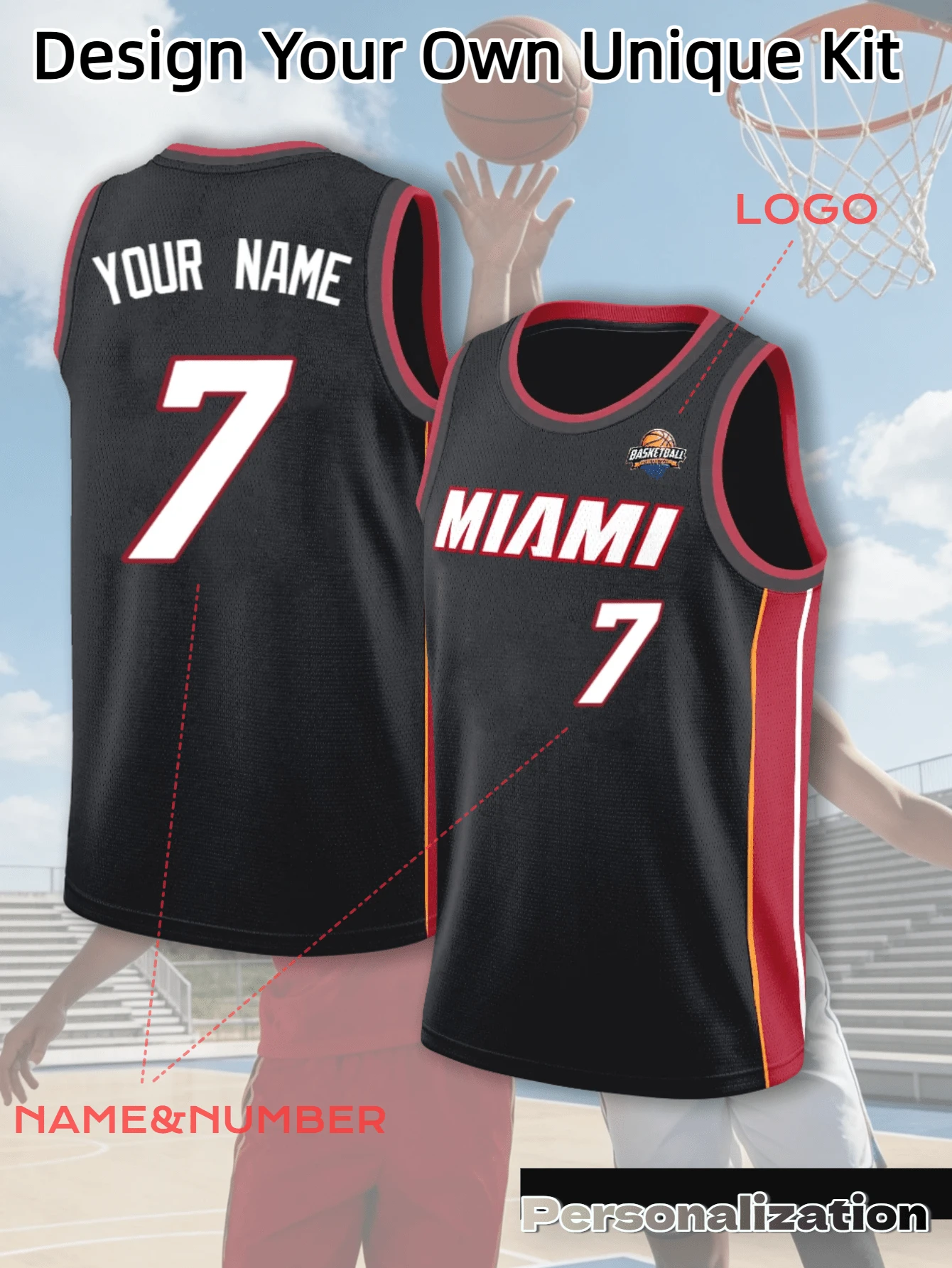 Custom Miami Basketball Jersey, Black Base With Red And Orange Side Stripes For High Visibility, Customizable Chest Text, Back Number And Name, Replaceable Club Logo, Comfortable Sports Fabric Suitable For Competition And Streetwear, 2026 Basketball, Men's Summer Outfit - Black - View 1