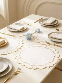 1-4pcs Gold Trim Double Layer Petal Embroidered Placemats, Korean Cream Style Fabric Round Wavy Edge Heat-Insulating Table Mats, Wedding Spring Afternoon Tea Table Decor - Multicolor - View 12