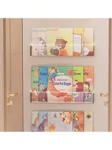 1件透明壓克力懸浮式壁掛書架，免打孔繪本收納架，兒童故事書展示收納架，遊戲室牆面裝飾，返校用品 - 查看 5