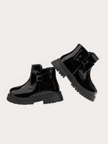 Tween Kid Glossy Bow Ankle Boots Side Zipper Fleece Lined Non Slip Thick Sole Winter Boots For Kids Warm Footwear - Black - View 12